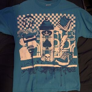 Jerzees "Interior Exterior" Graffiti Graphic T-Shirt Medium Teal Y2K Streetwear